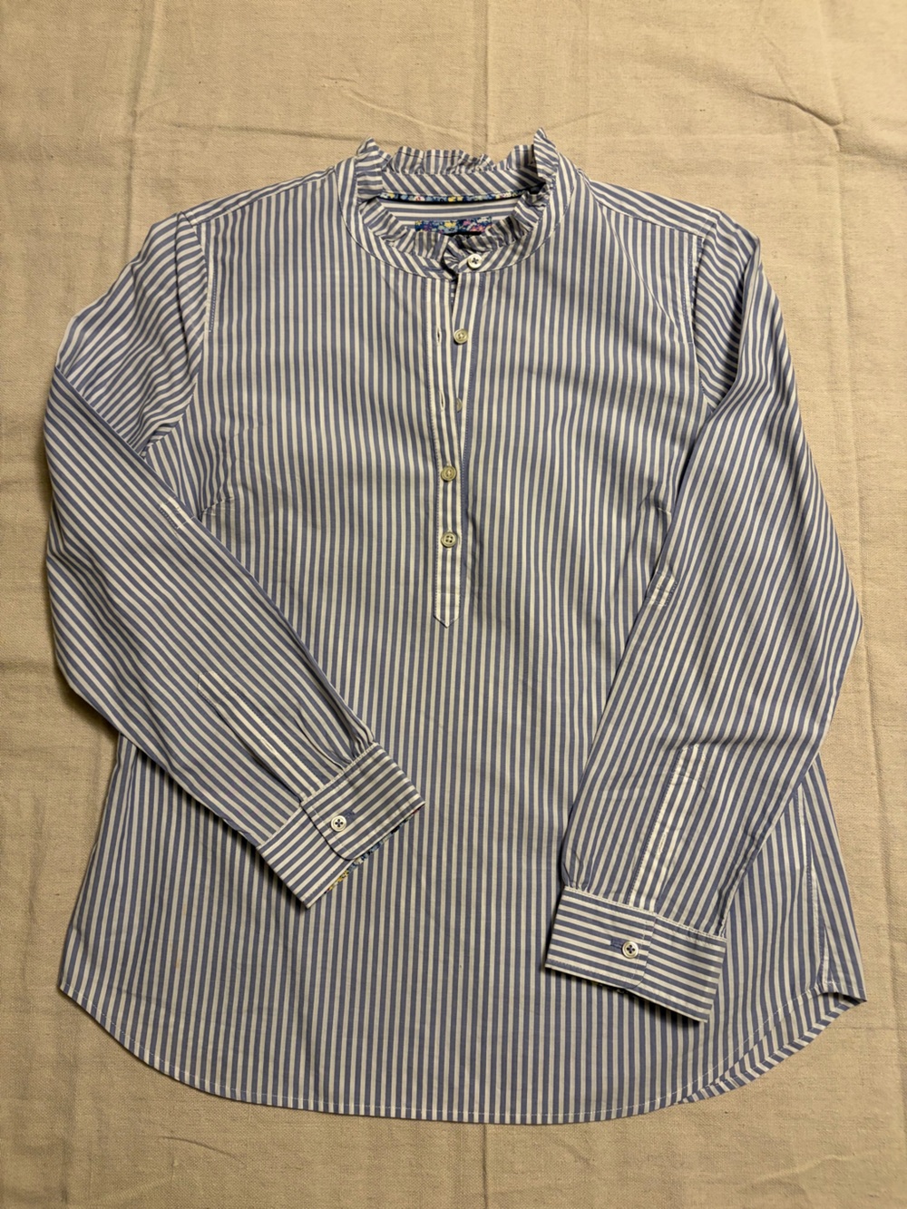Talbots Blue and White Striped Mandarin ruffled-Collar women’s Shirt